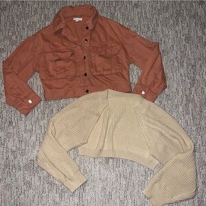beige knit shrug and rust button-up jacket